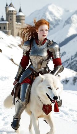 Redhead Warrior Rides White Wolf In Snowy Kingdom