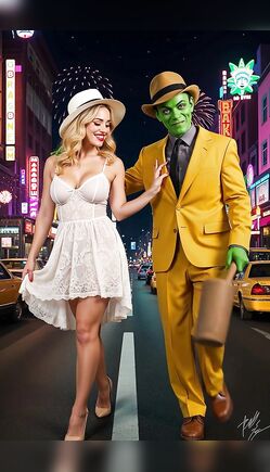 Masked Trickster Dances with Blonde Beauty at Night