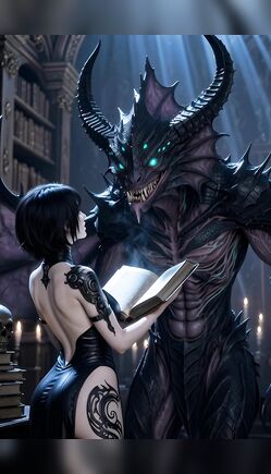 Tattooed Sorceress Summons Horned Demon in Gothic Library