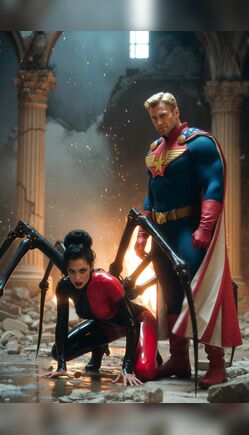 Blonde Superhero Towers Over Spider Villain in Ruins