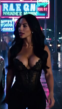 Neon Night Seduction with Confident Brunette in Corset