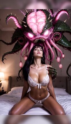 Alien Creature Looms Over Seductive Model in Bedroom