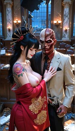 Busty Brunette Seduced by Red Skull in Red Dress