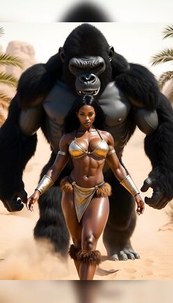 Athletic Woman Posing with Giant Gorilla in Desert