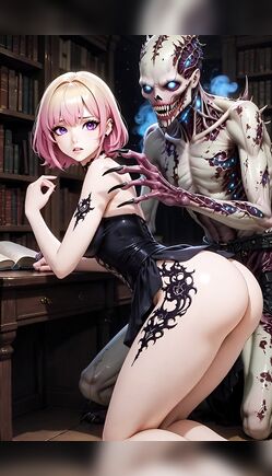 Pink-Haired Girl Posing with Undead Monster in Library