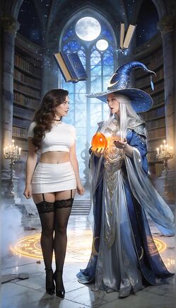 White-Haired Witch Guides Brunette Through Magical Moonlit Library