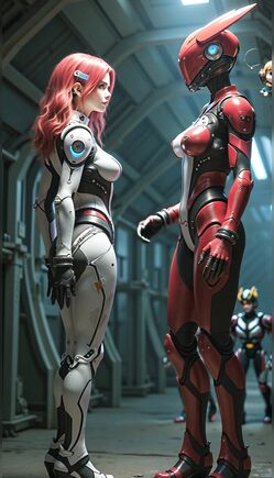Redhead Meets Red Android in Sleek Spaceship Corridor