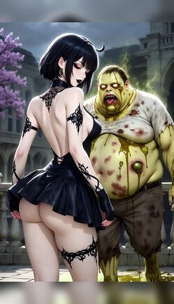 Goth Anime Girl Teases Grotesque Zombie in Crumbling City Garden