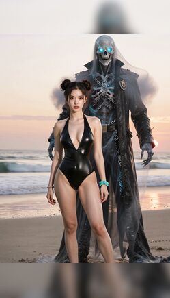 Bun-Haired Beauty Faces Glowing Undead Entity on Sunset Beach