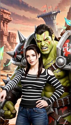 Brunette Poses With Armored Orc Warlord in Fantasy Badlands