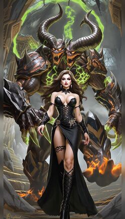 Brunette Sorceress Struts Before Horned Demon in Hellish Throne