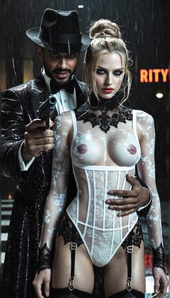 Blonde Mob Doll Poses in Sheer Corset Held by Gunman
