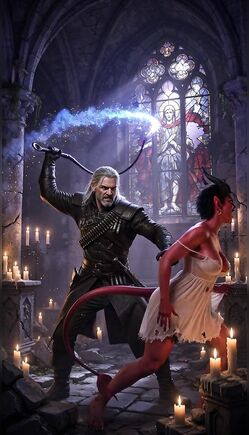 Horned Succubus Battles Witcher in Candlelit Cathedral