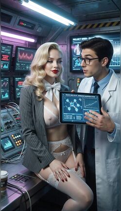 Blonde Secretary Teases in Lace Lingerie Inside Sci-Fi Control Room