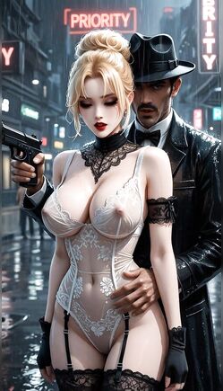 Blonde Mob Moll Clutches Pistol in Sheer Bodysuit Under Neon Priority Signs