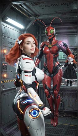 Futuristic Redhead Warrior in Sci-Fi Armor Hangar Scene