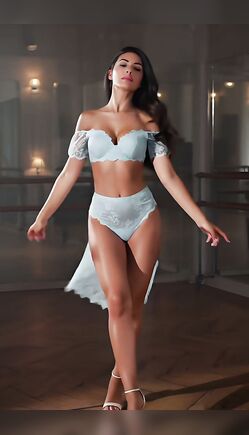 Brunette Model in Blue Sheer Lingerie Studio Dance