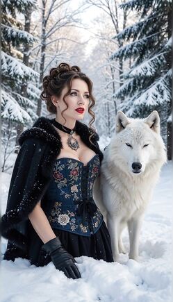 Elegant Brunette with White Wolf in Snowy Winter Forest