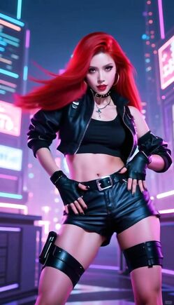 Fierce Redhead in Black Leather Outfit Cyberpunk City Poses