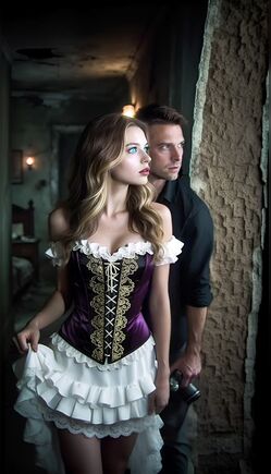 Blonde in Purple Corset Dress with Mysterious Man in Dark Room