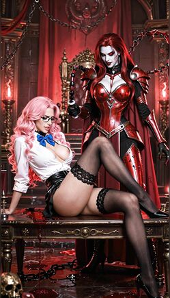 Pink-Haired Girl with Red Dominatrix in Gothic Throne Room
