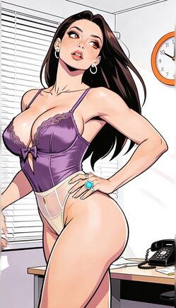 Confident Brunette in Purple Bodysuit Office Poses