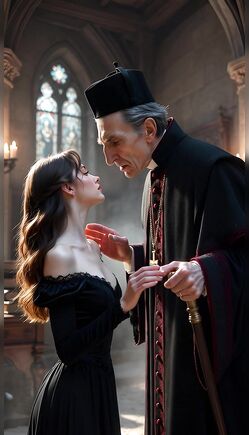 Mysterious Brunette with Elderly Priest in Gothic Cathedral