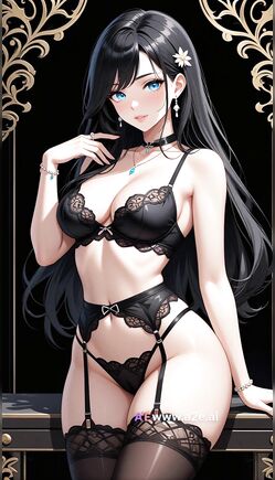 Captivating Anime Beauty in Black Lace Lingerie and Garter