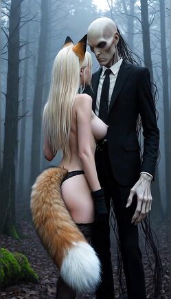 Blonde Fox Girl Embracing Undead in Foggy Dark Forest