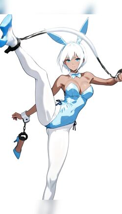 White Hair Bunny Girl in Blue Outfit Posing with Hoop