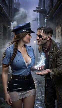 Busty Braided Police Babe with Magic Moon in Steampunk Rain