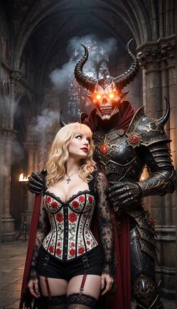 Blonde Corset Beauty Embraced by Horned Demon in Gothic Cathedral