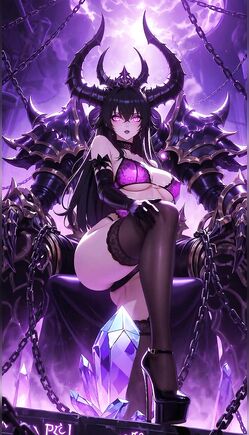 Anime Horned Beauty in Purple Lingerie on Demonic Throne