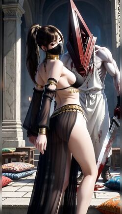 Masked Asian in Bikini and Sheer Skirt Poses with Knight