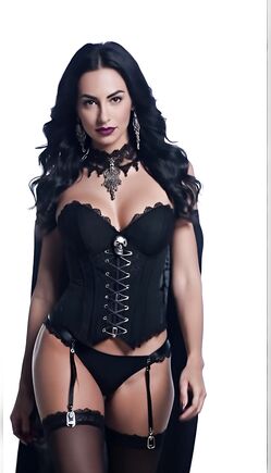 Brunette Bombshell in Black Corset and Lace Stockings Poses