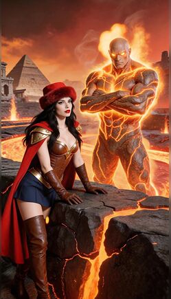 Curvy Brunette Heroine Confronts Fiery Monster at Ancient Pyramids