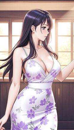 Asian Goddess in Purple Floral Dress Sunlit Interior
