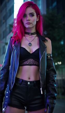 Redhead in Black Leather Jacket and Shorts Night City