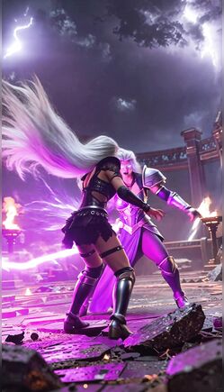 Purple-Haired Warrior Girl Battles Lightning in Fantasy Realm