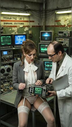 Brunette in Blazer and Stockings Retro Lab Tease
