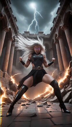 Silver-Haired Warrior Lightning Temple Fantasy Scene