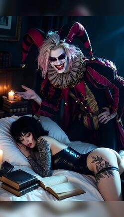 Sinister Pink-Haired Clown Watches Sleeping Tattooed Beauty At Night