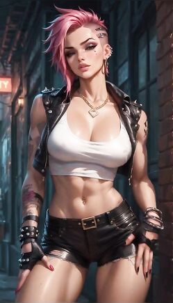 Pink Mohawk Punk Goddess Stands In Neon Alley Light