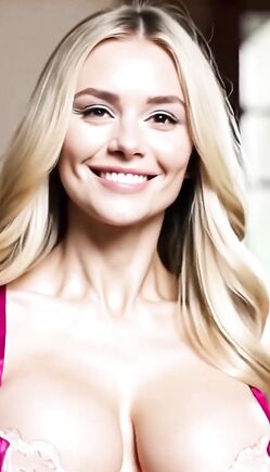 Blonde Beauty Smiles In Pink Lace Lingerie At Home