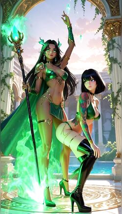 Green Sorceress And Tattooed Ally In Mystical Temple Court