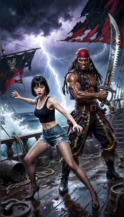 Brunette Battles Storm With Pirate Captain On Ship