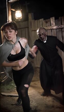 Brunette Flees From Zombie Priest At Night