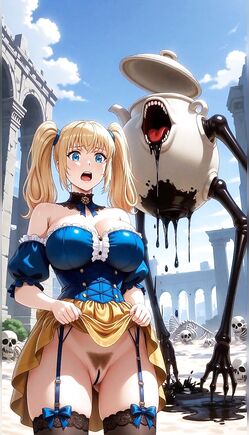 Blonde Pigtails Fleeing Teapot Monster in Ancient Ruins
