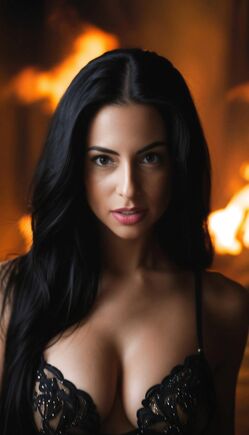 Black Hair in Lace Bra with Illuminated City Skyline