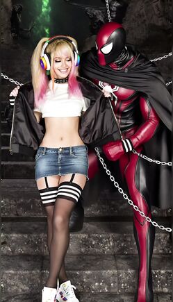 Pink Hair Pigtails Girl with Spider-Man in Cosplay